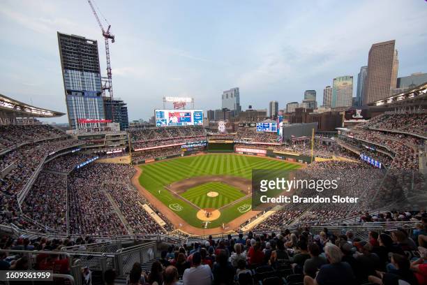 General overall interior view of Target Field during a game between the Arizona Diamondbacks and the Minnesota Twins at Target Field on August 5,...