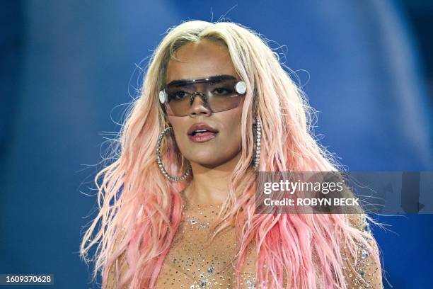 Colombian singer Karol G performs during her "Manana Sera Bonito" tour at the Rose Bowl in Pasadena, California, August 18, 2023.