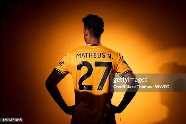 Matheus Nunes of Wolverhampton Wanderers poses for a portrait in the 2023/24 Home Kit during media access day at Molineux on August 03, 2023 in...