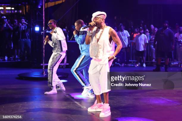 Snoop Dogg, Doug E Fresh, and Slick Rick attend Hip Hop 50 Live at Yankee Stadium on August 11, 2023 in New York City.