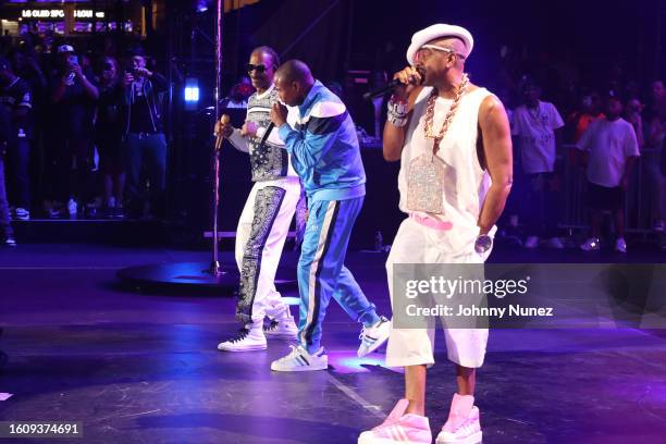 Snoop Dogg, Doug E Fresh, and Slick Rick attend Hip Hop 50 Live at Yankee Stadium on August 11, 2023 in New York City.