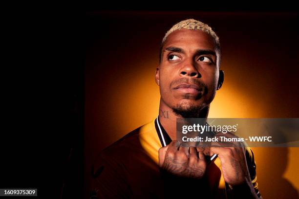 Mario Lemina of Wolverhampton Wanderers poses for a portrait in the 2023/24 Home Kit during media access day at Molineux on August 03, 2023 in...