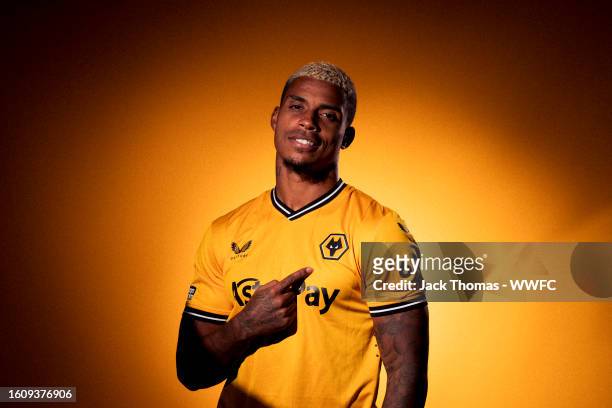 Mario Lemina of Wolverhampton Wanderers poses for a portrait in the 2023/24 Home Kit during media access day at Molineux on August 03, 2023 in...
