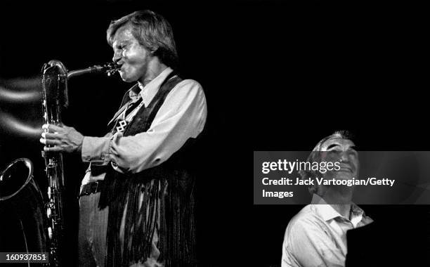 American jazz musician and composer Dave Brubeck , on piano, leads his quartet with Gerry Mulligan , on baritone saxophone, in the Schaefer Music...