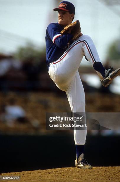 Jim Abbott of Team USA throws a pitch during a game in the 1987 Pan American Games at Bush Stadium on August 12, 1987 in Indianapolis, Indiana.