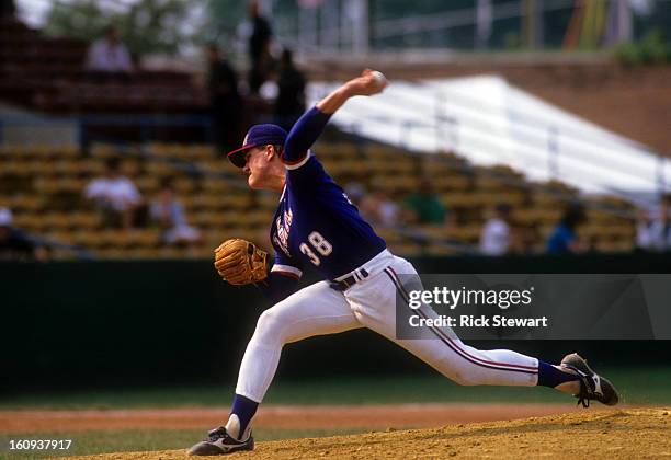 Jim Abbott of Team USA throws a pitch during a game in the 1987 Pan American Games at Bush Stadium on August 12, 1987 in Indianapolis, Indiana.