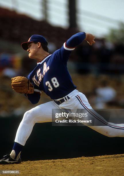 Jim Abbott of Team USA throws a pitch during a game in the 1987 Pan American Games at Bush Stadium on August 12, 1987 in Indianapolis, Indiana.