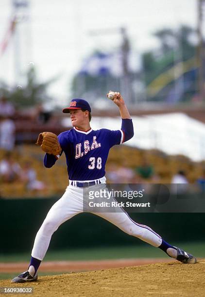 Jim Abbott of Team USA throws a pitch during a game in the 1987 Pan American Games at Bush Stadium on August 12, 1987 in Indianapolis, Indiana.