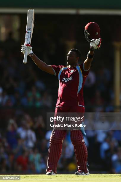 Kieron Pollard of West Indies celebrates scoring his century during game four of the Commonwealth Bank One Day International Series between Australia...
