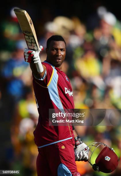 Kieron Pollard of West Indies celebrates scoring a century during game four of the Commonwealth Bank One Day International Series between Australia...