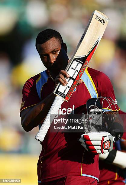 Kieron Pollard of West Indies acknowledges the crowd walking aff the field during game four of the Commonwealth Bank One Day International Series...