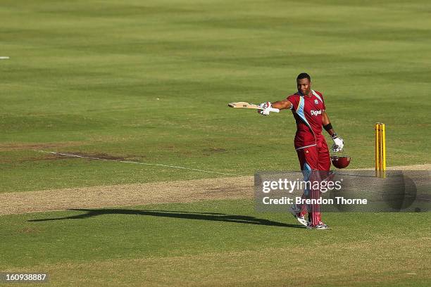 Kieron Pollard of West Indies celebrates scoring his century during game four of the Commonwealth Bank One Day International Series between Australia...