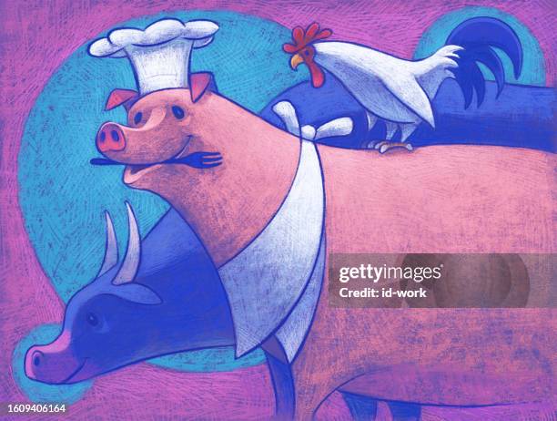 chef pig holding fork with rooster and cow - three pigs stock illustrations