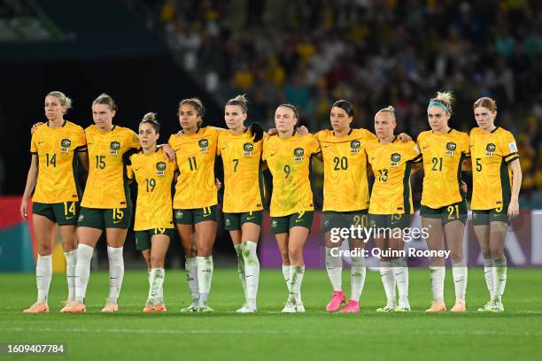 Players of Australia look on during the penalty shoot out during the FIFA Women's World Cup Australia & New Zealand 2023 Quarter Final match between...