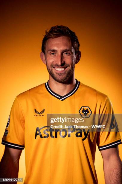 Craig Dawson of Wolverhampton Wanderers poses for a portrait in the 2023/24 Home Kit during media access day at Molineux on August 03, 2023 in...