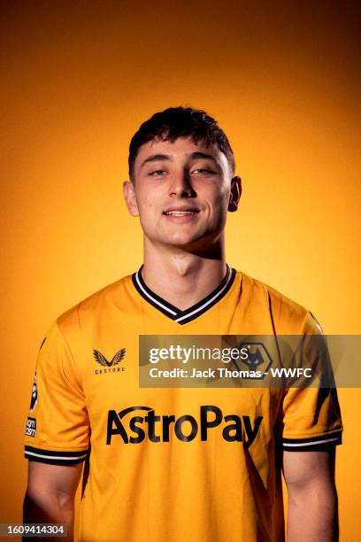 Joe Hodge of Wolverhampton Wanderers poses for a portrait in the 2023/24 Home Kit during media access day at Molineux on August 03, 2023 in...