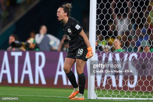 Mackenzie Arnold of Australia celebrates after saving the first penalty of France from Selma Bacha of France during the FIFA Women's World Cup...