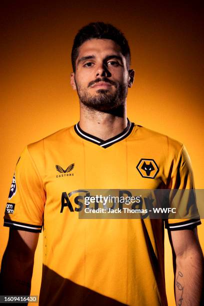 Pedro Neto of Wolverhampton Wanderers poses for a portrait in the 2023/24 Home Kit during media access day at Molineux on August 03, 2023 in...