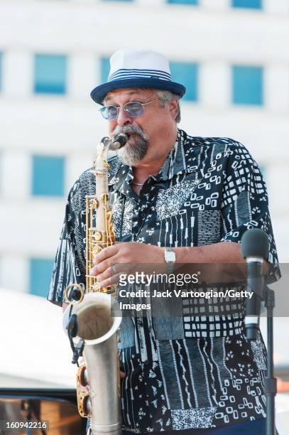 American jazz musician Joe Lovano on tenor saxophone performs on the Carhartt Amphitheatre Stage at the Detroit Jazz Festival, Detroit, Michigan,...