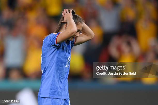 Eve Perisset of France reacts after having her team's fifth penalty saved in the penalty shoot out during the FIFA Women's World Cup Australia & New...