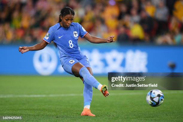 Grace Geyoro of France scores her team's sixth penalty in the penalty shoot out during the FIFA Women's World Cup Australia & New Zealand 2023...