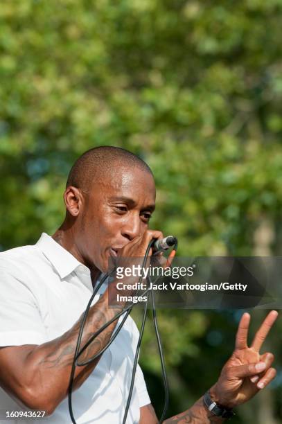 American soul singer Raphael Saadiq performs at 'A Celebration of Giant Step's 20th Anniversary' concert at Central Park SummerStage, New York. New...