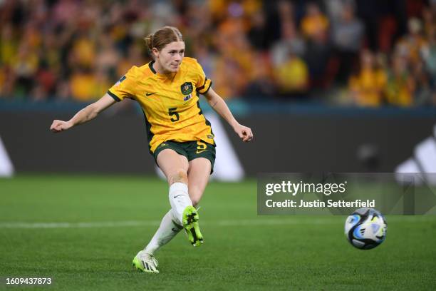 Cortnee Vine of Australia scores her team's tenth and winning penalty in the penalty shoot out during the FIFA Women's World Cup Australia & New...