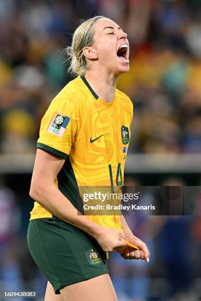 Alanna Kennedy of Australia celebrates her team's victory through the penalty shoot out during the FIFA Women's World Cup Australia & New Zealand...