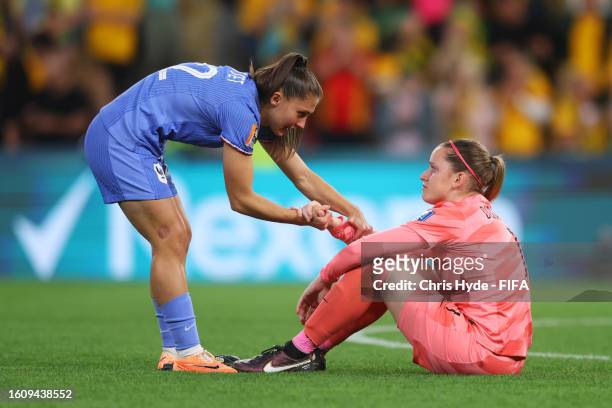 Solene Durand of France is consoled by Eve Perisset after the team's defeat through the penalty shoot out following the FIFA Women's World Cup...