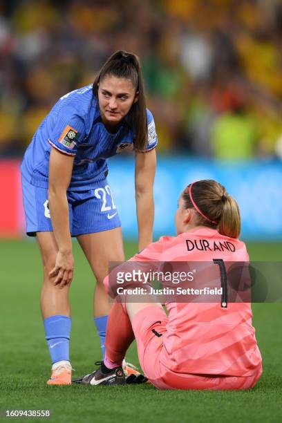Solene Durand of France is consoled by Eve Perisset after the team's defeat through the penalty shoot out following the FIFA Women's World Cup...