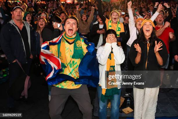Matildas fans celebrate victory at the Sydney FIFA Fan Festival during the Matildas FIFA World Cup Game, being played in Brisbane, on August 12, 2023...