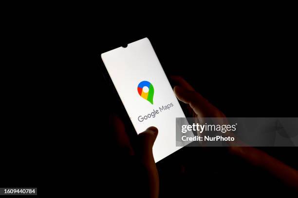 In this photo illustration a Google Maps logo seen displayed on a smartphone screen in Chania, Greece on August 18, 2023.