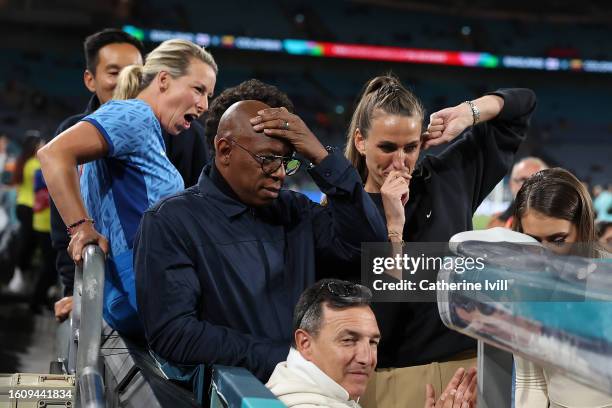 Ian Wright and Jill Scott react as they watch the penalty shoot out in the Quarter Final match between Australia and France ahead of the FIFA Women's...