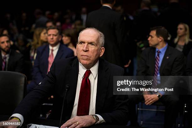 February 7: President Obama’s nominee for C.I.A. Director, John O. Brennan, heckled by Code Pink protestors while he testifies during his...