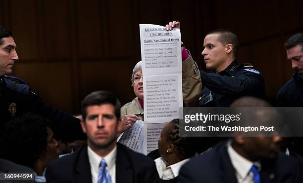 February 7: President Obama’s nominee for C.I.A. Director, John O. Brennan, has hecklers from Code Pink protest while he testifies during his...
