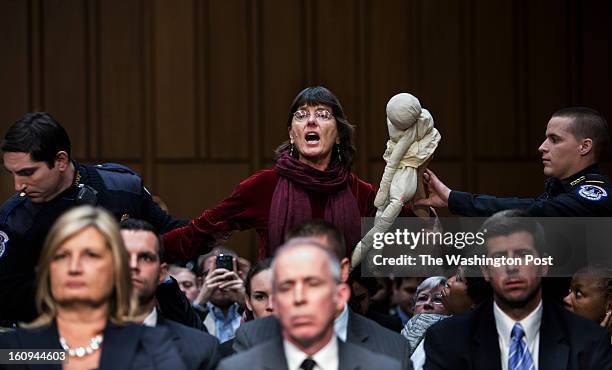 February 7: President Obama’s nominee for C.I.A. Director, John O. Brennan, has hecklers from Code Pink protest while he testifies during his...