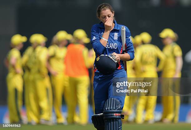 Sarah Taylor of England walks back after getting out during the super six match between England and Australia held at the CCI on February 8, 2013 in...