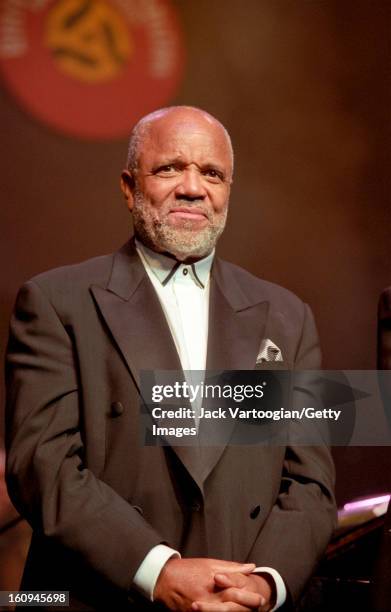 American producer and founder of Motown Records Berry Gordy Jr receives the 2000 Rhythm & Blues Foundation Pioneer Award at Hammerstein Ballroom, New...