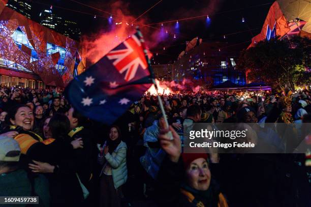 Fans At Melbourne's Federation Square watch the Matildas' FIFA Women's World Cup Quarter Final match between Australia and France at Brisbane...