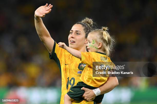 Katrina Gorry of Australia celebrates her team’s victory through the penalty shootout following the FIFA Women's World Cup Australia & New Zealand...