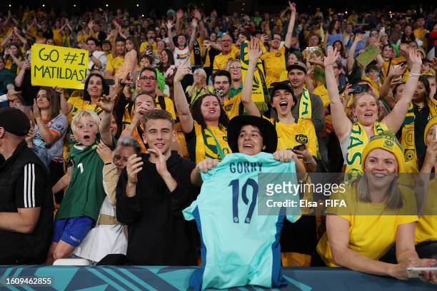Australia fans celebrate their side's victory in the penalty shoot out after the FIFA Women's World Cup Australia & New Zealand 2023 Quarter Final...