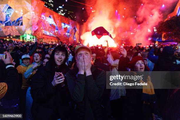 Fans At Melbourne's Federation Square watch the Matildas' FIFA Women's World Cup Quarter Final match between Australia and France at Brisbane...