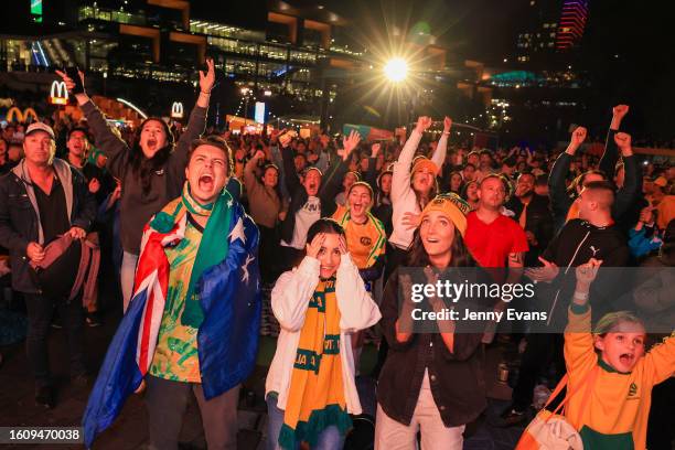 Matildas fans celebrate victory at the Sydney FIFA Fan Festival during the Matildas FIFA World Cup Game, being played in Brisbane, on August 12, 2023...