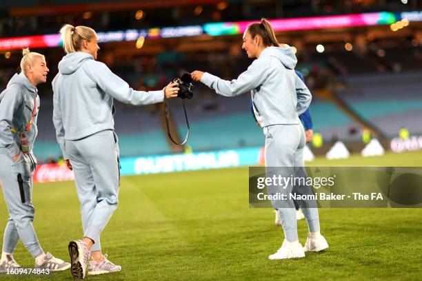 Bethany England, Alessia Russo and Katie Zelem of England inspect the pitch prior to the FIFA Women's World Cup Australia & New Zealand 2023 Quarter...