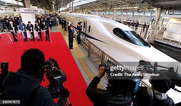 New Tokaido Shinkansen bullet train N700A is seen during its launching ceremony at Shin Osaka Station on February 8, 2013 in Osaka, Japan. The new...