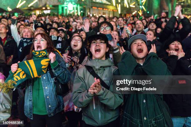 Fans at Melbourne's Federation Square cheer for the Matildas' FIFA Women's World Cup Quarter Final match between Australia and France at Brisbane...