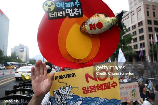 South Korean protesters participate in a rally against the Japanese government's plan to dump radioactive wastewater from the damaged Fukushima...