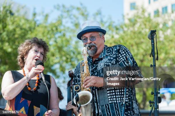 Married American jazz musicians Judi Silvano, on vocals, and Joe Lovano, on tenor saxophone, perform on the Carhartt Amphitheatre Stage at the...