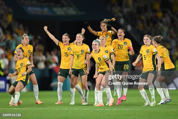 Australia players celebrate as Eve Perisset of France misses her team's fifth penalty in the penalty shoot out during the FIFA Women's World Cup...