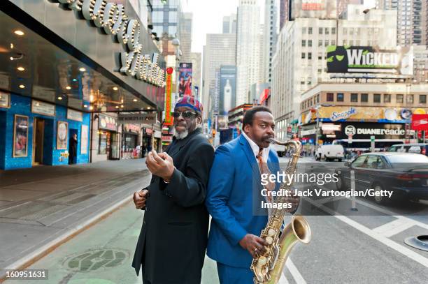 American jazz musicians James Blood Ulmer and David Murray pose together on Broadway, New York, New York, March 7, 2012. The photo was taken during a...